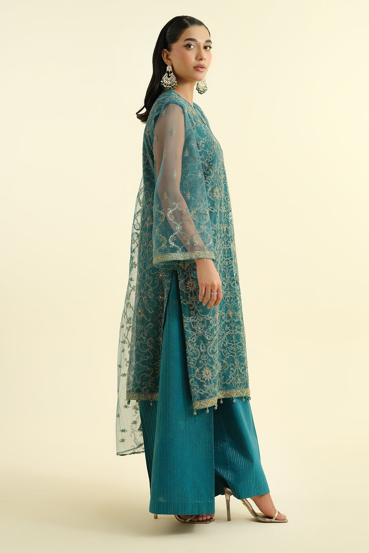 4 Piece - Unstitched - Embroidered & Embellished Poly Net Suit - E1479