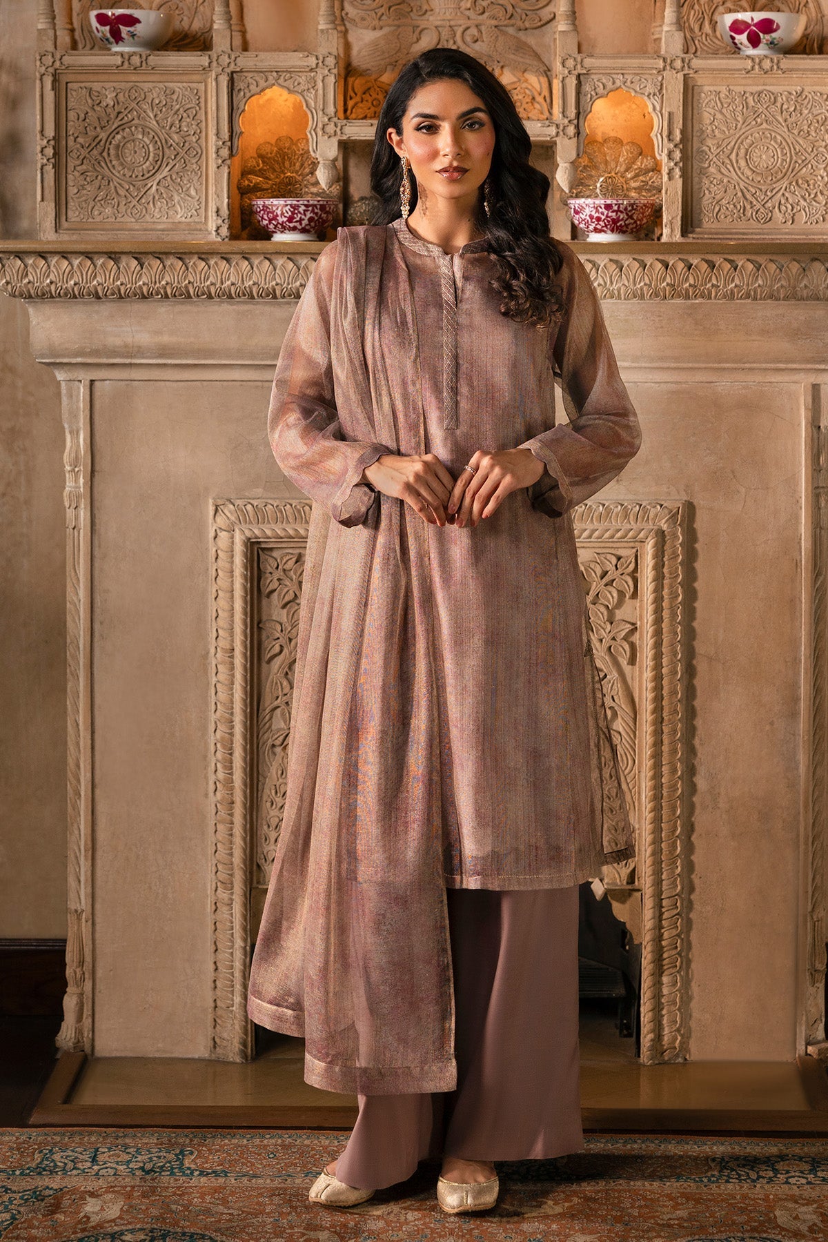 4 Piece - Stitched - Printed Shimmer Net Suit - MCP1719