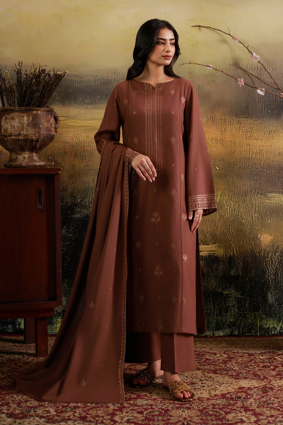 3 Piece - Unstitched - Embroidered Viscose Karandi Suit - C6378
