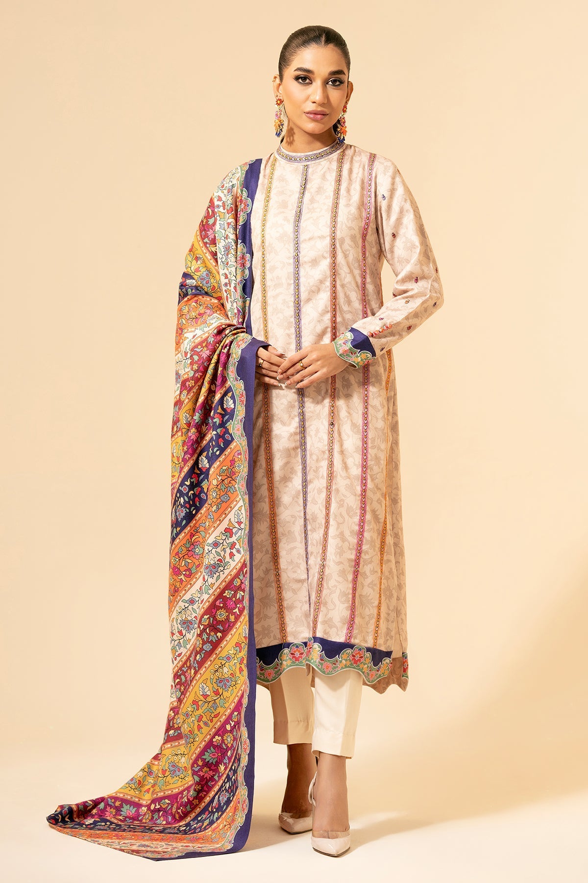 3 Piece - Unstitched - Printed & Embroidered Viscose Wool Suit - E1431