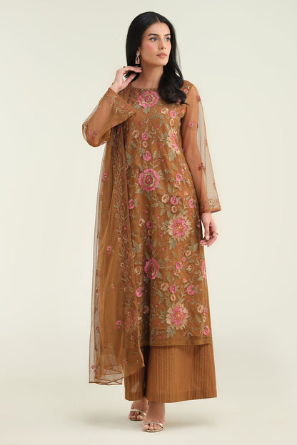 4 Piece - Unstitched - Embroidered & Embellished Poly Net Suit - E1697