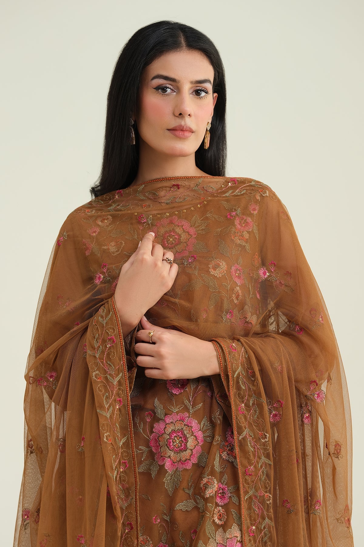 4 Piece - Unstitched - Embroidered & Embellished Poly Net Suit - E1697