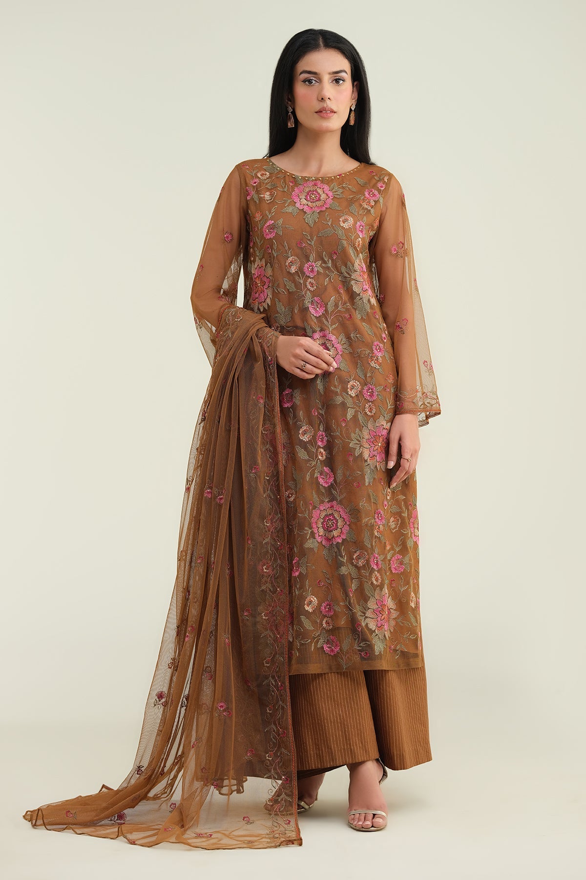 4 Piece - Unstitched - Embroidered & Embellished Poly Net Suit - E1697