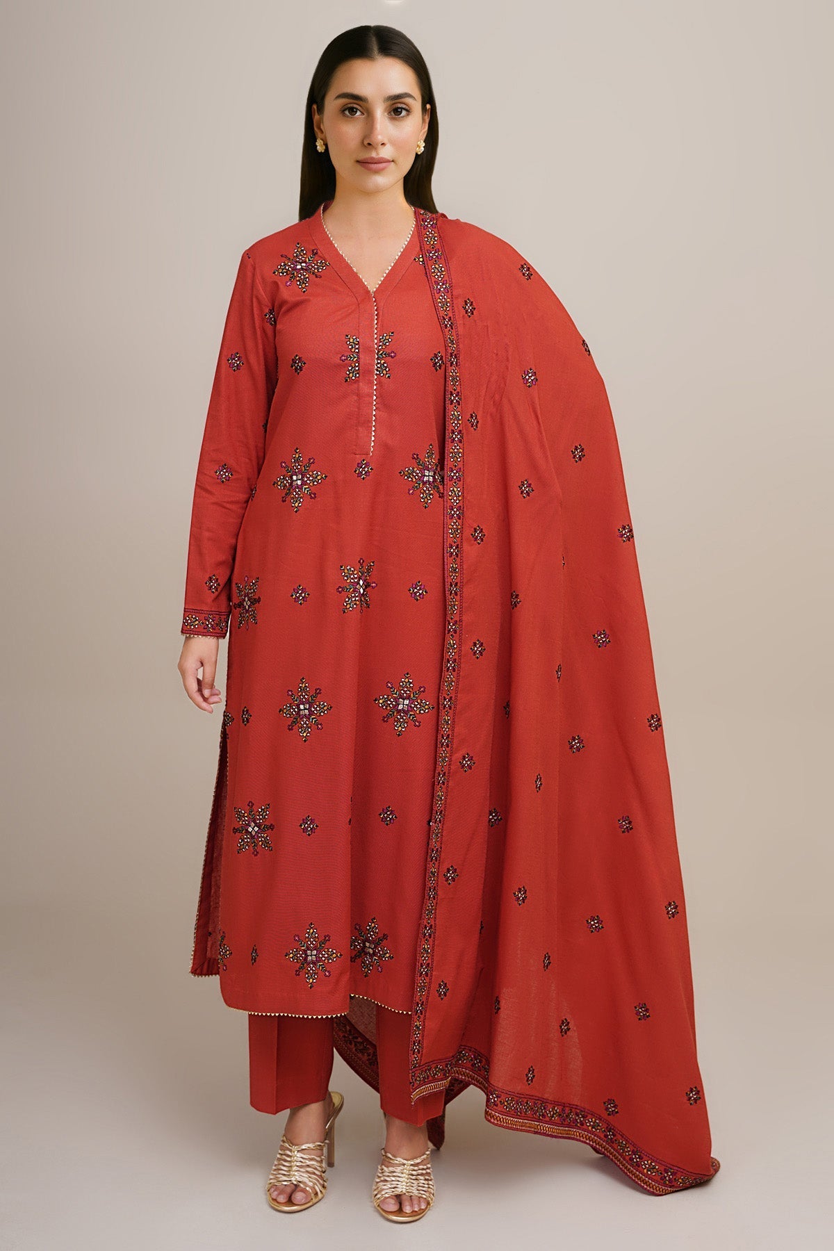 3 Piece - Unstitched - Embroidered Khaddar Suit - E1753