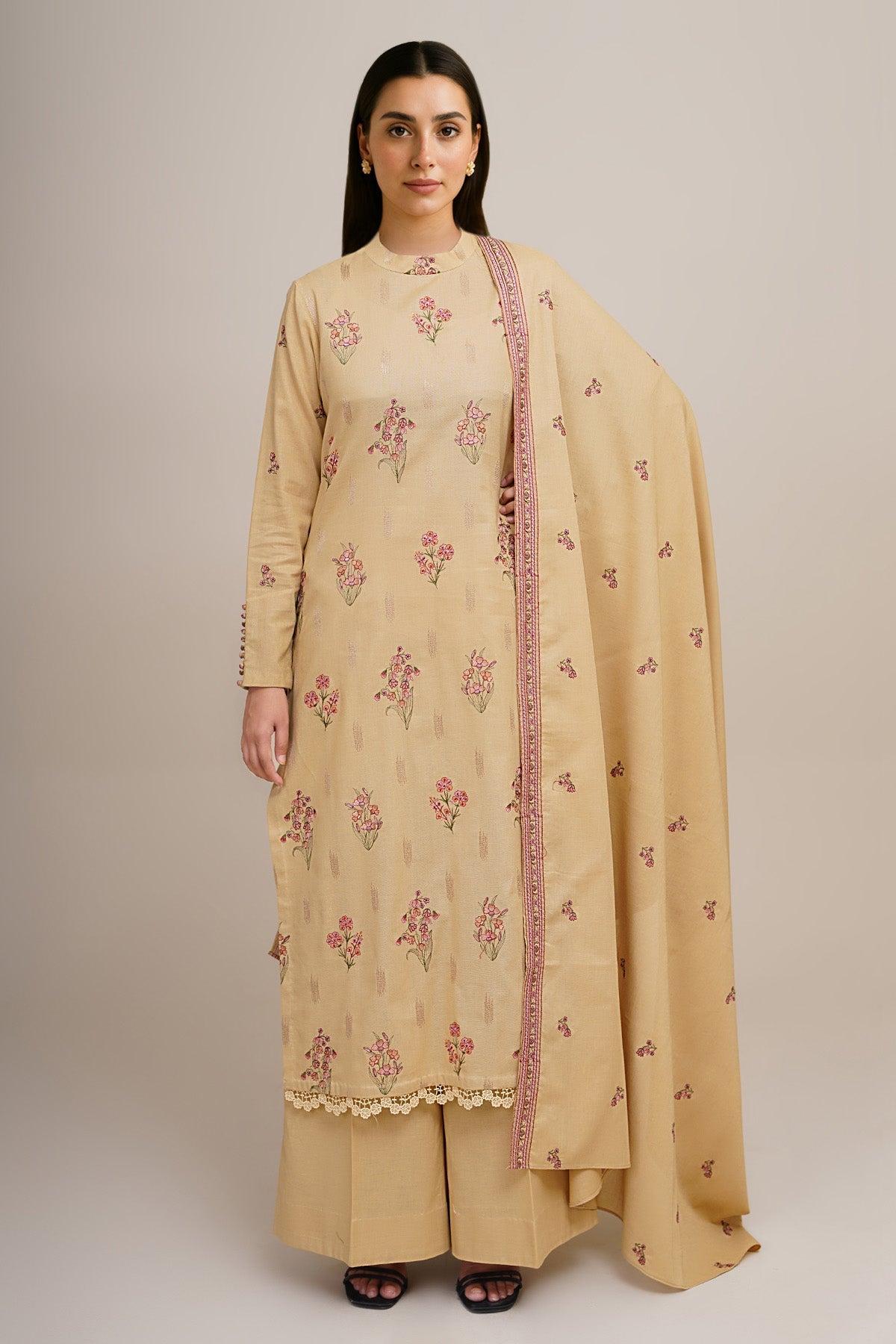 3 Piece - Unstitched - Embroidered Khaddar Suit - E1754