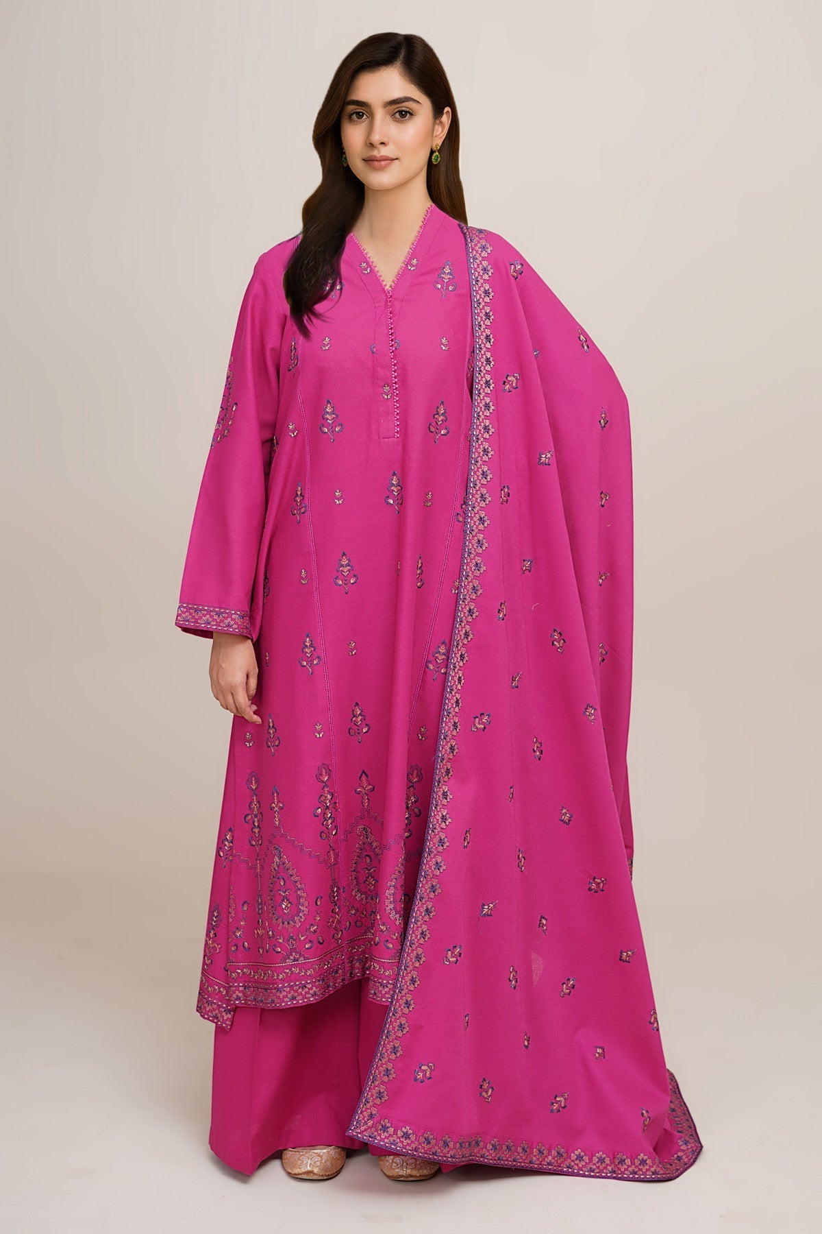 3 Piece - Unstitched - Embroidered Khaddar Suit - E1755