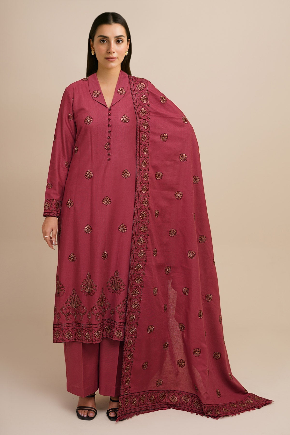 3 Piece - Unstitched - Embroidered Khaddar Suit - E1760