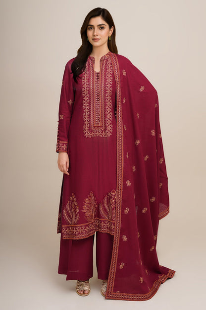 3 Piece - Unstitched - Embroidered Khaddar Suit - E1763
