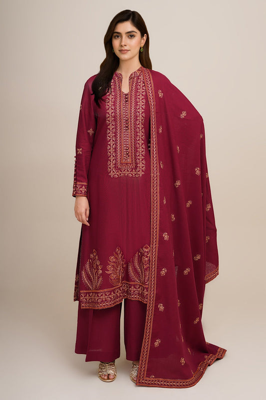 3 Piece - Unstitched - Embroidered Khaddar Suit - E1763