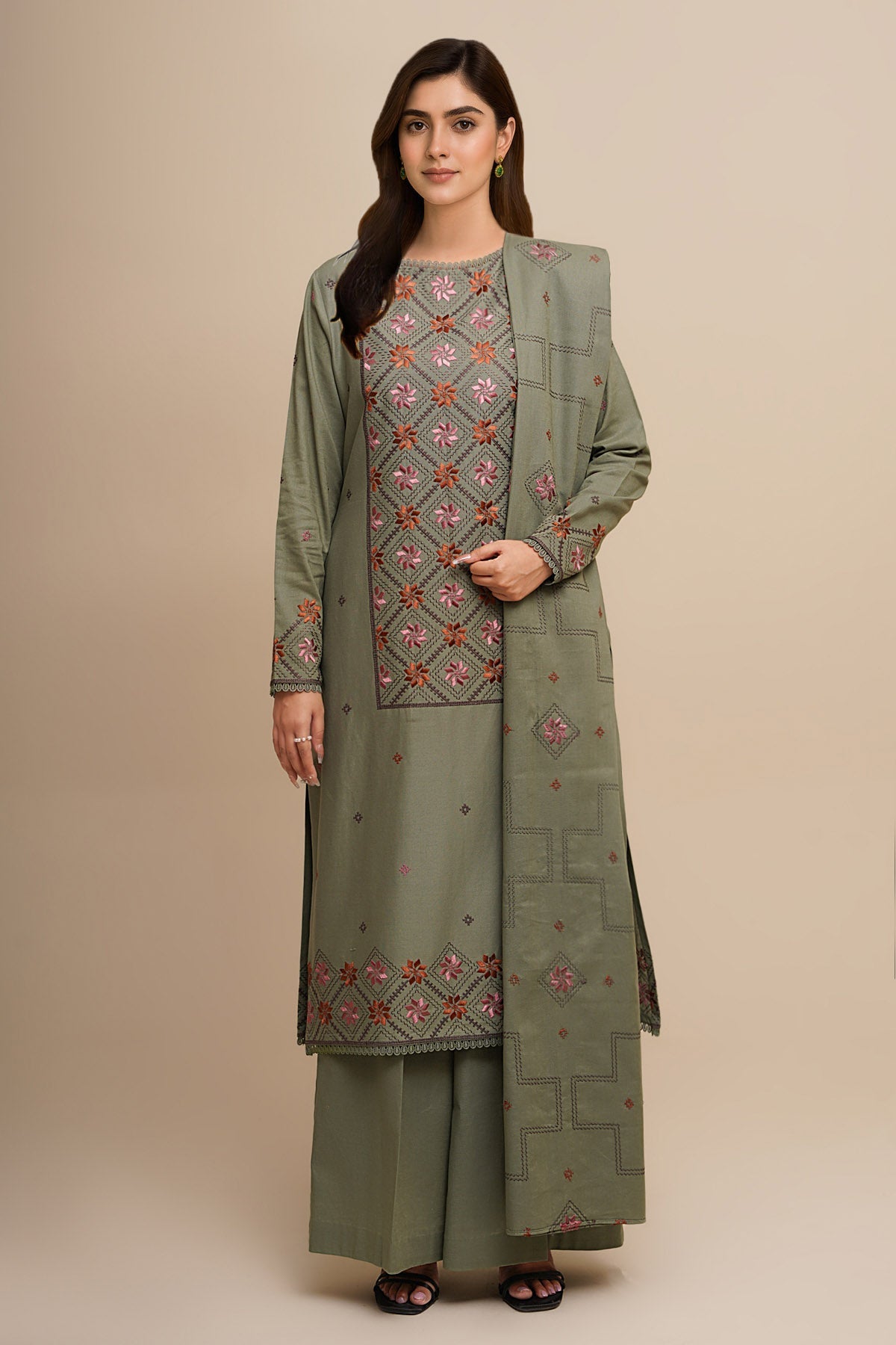3 Piece - Unstitched - Embroidered Khaddar Suit - E1764