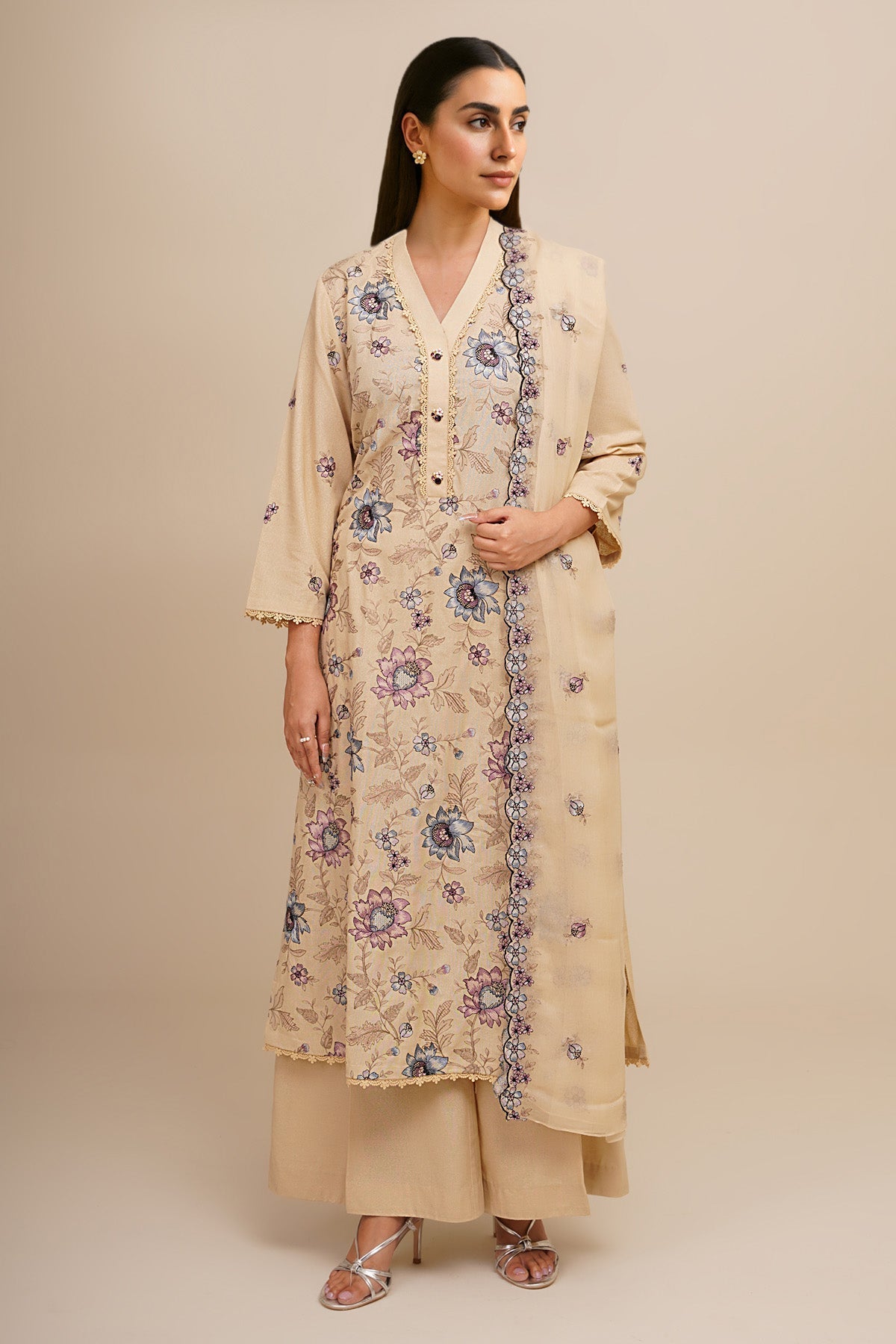 3 Piece - Unstitched - Embroidered Viscose Karandi Suit - E1768