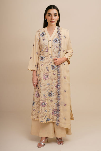 3 Piece - Unstitched - Embroidered Viscose Karandi Suit - E1768