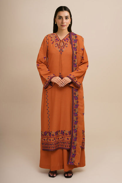 3 Piece - Unstitched - Embroidered Viscose Karandi Suit - E1772