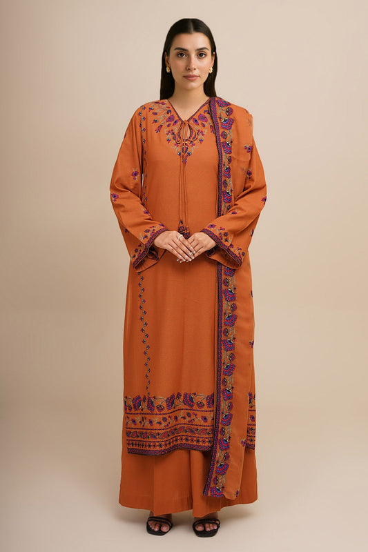 3 Piece - Unstitched - Embroidered Viscose Karandi Suit - E1772