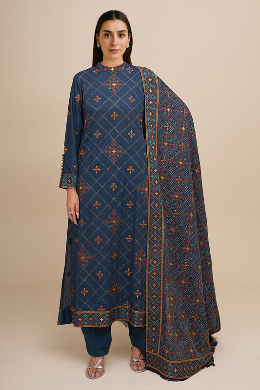 3 Piece - Unstitched - Embroidered Viscose Karandi Suit - E1774