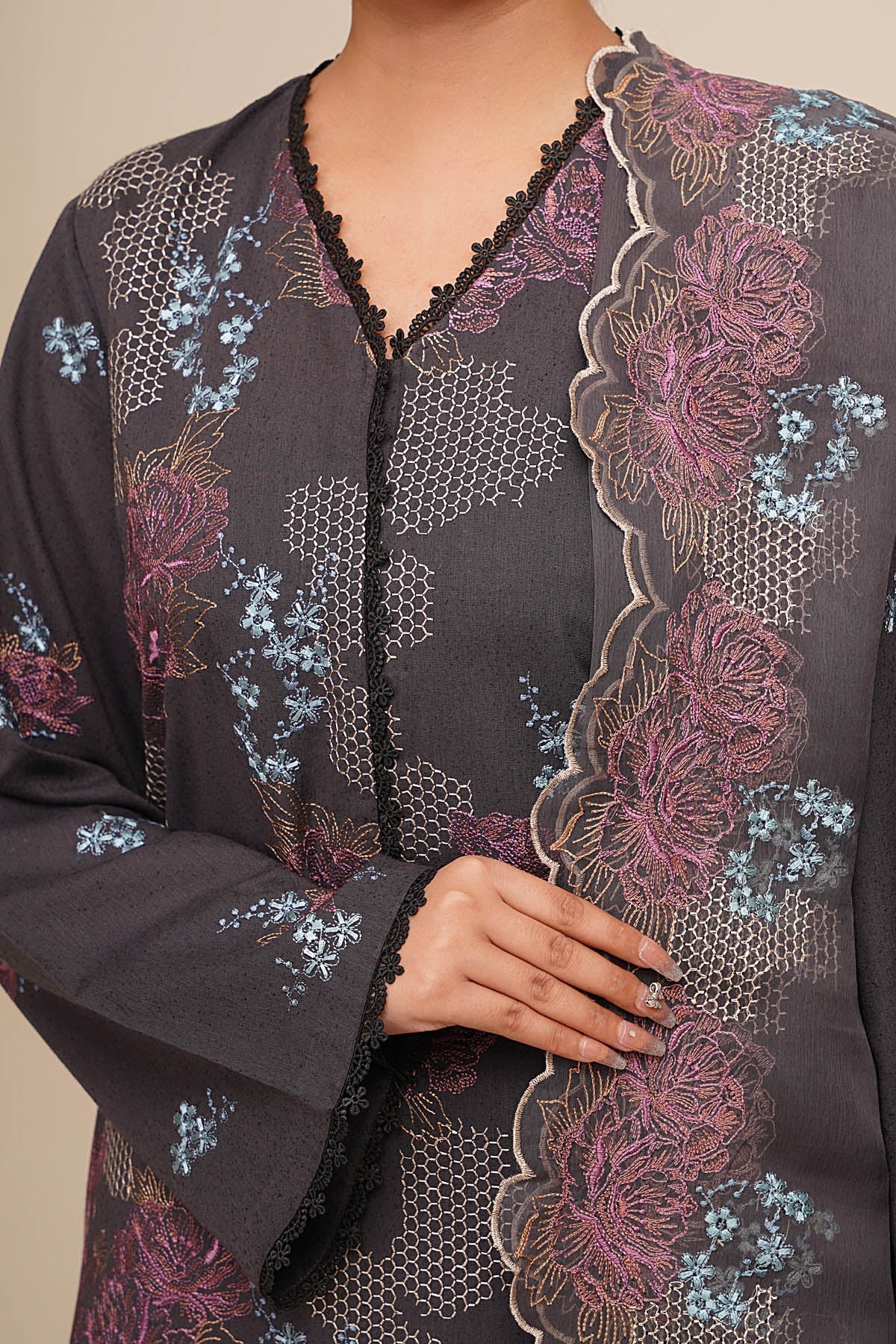 3 Piece - Unstitched - Embroidered Viscose Karandi Suit - E1807