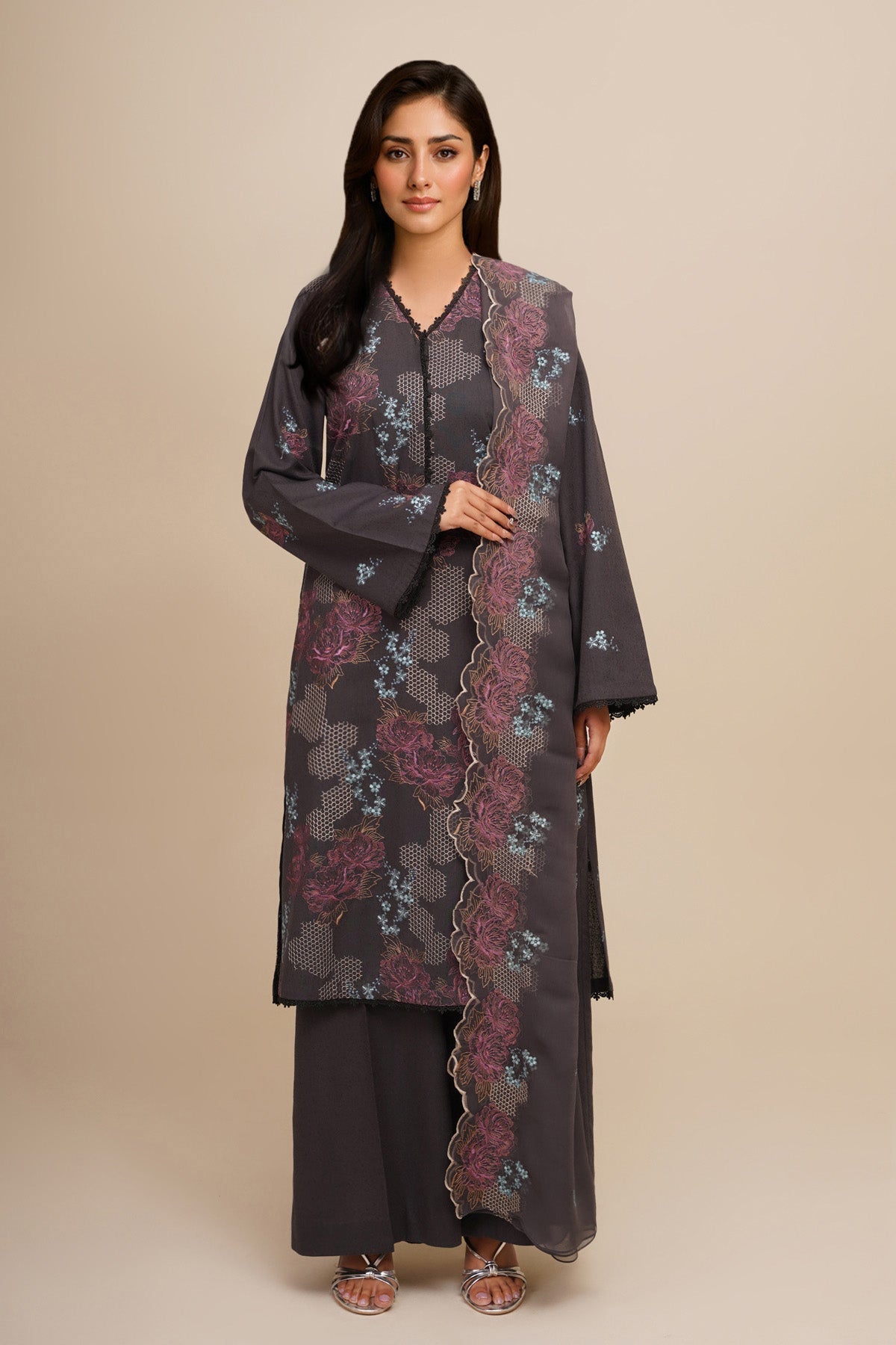 3 Piece - Unstitched - Embroidered Viscose Karandi Suit - E1807