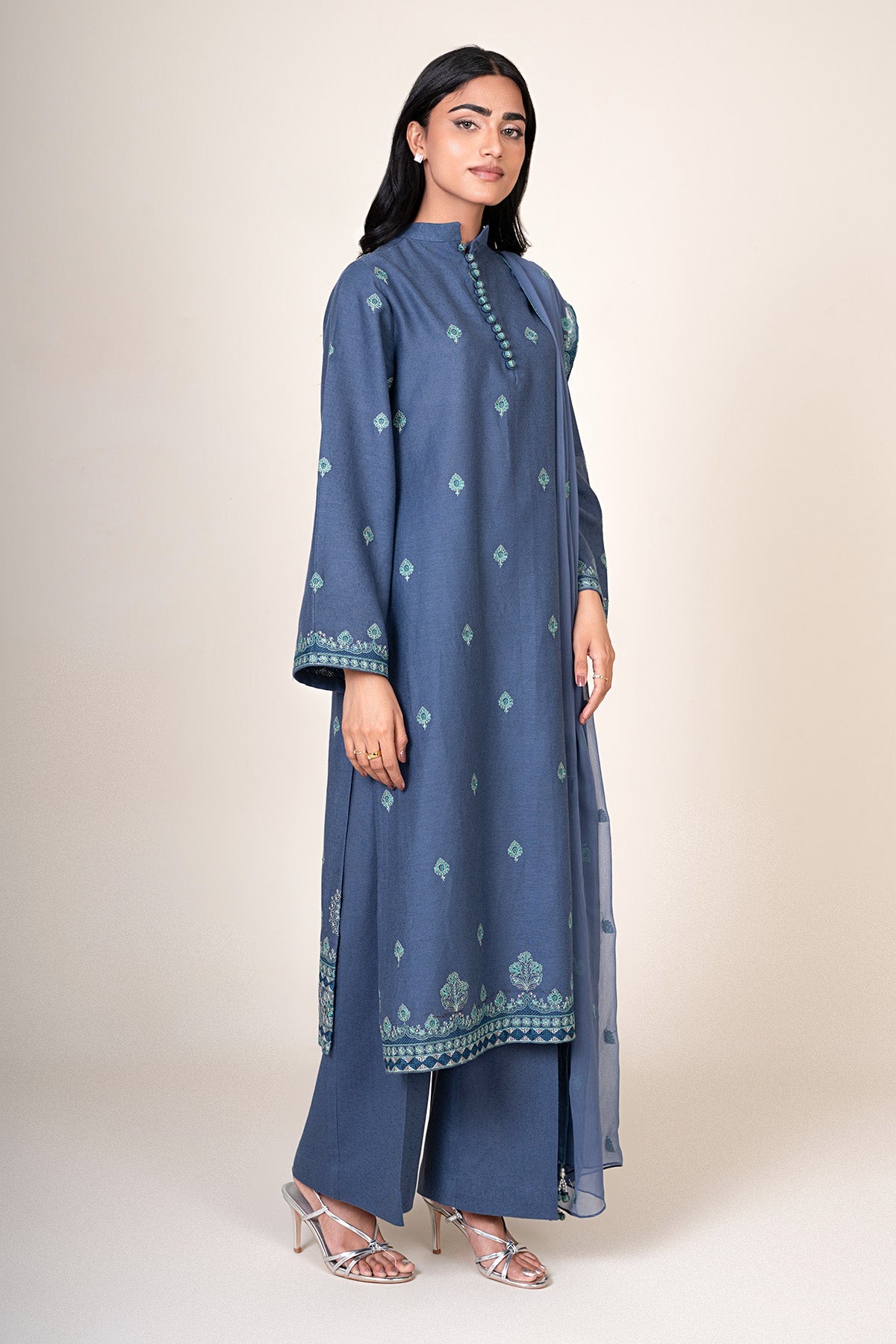 3 Piece - Unstitched - Embroidered Cotton Karandi Suit - E1849