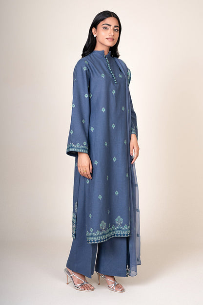 3 Piece - Unstitched - Embroidered Cotton Karandi Suit - E1849