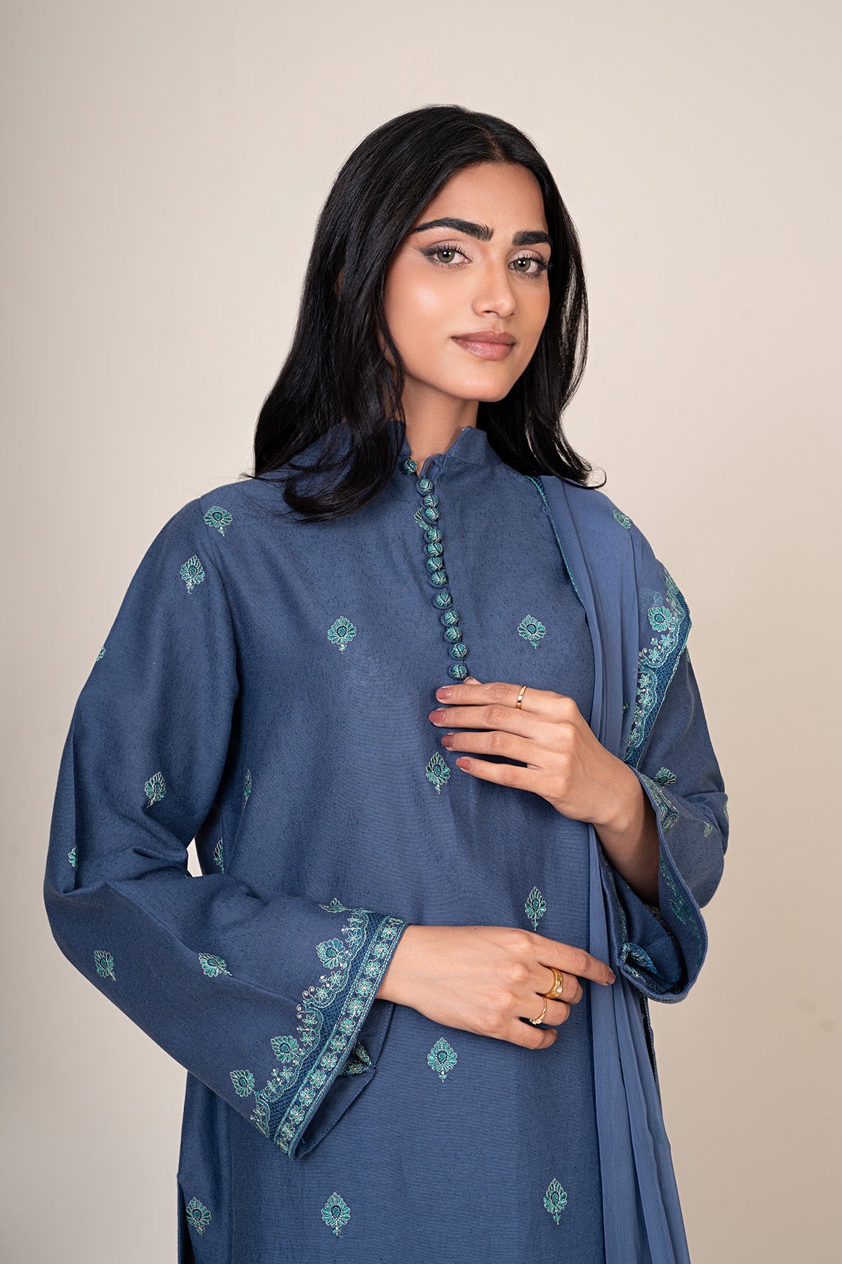 3 Piece - Unstitched - Embroidered Cotton Karandi Suit - E1849