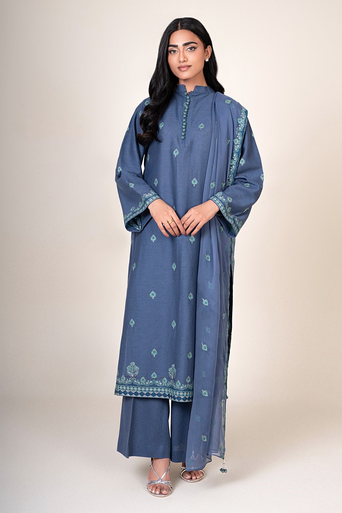 3 Piece - Unstitched - Embroidered Cotton Karandi Suit - E1849
