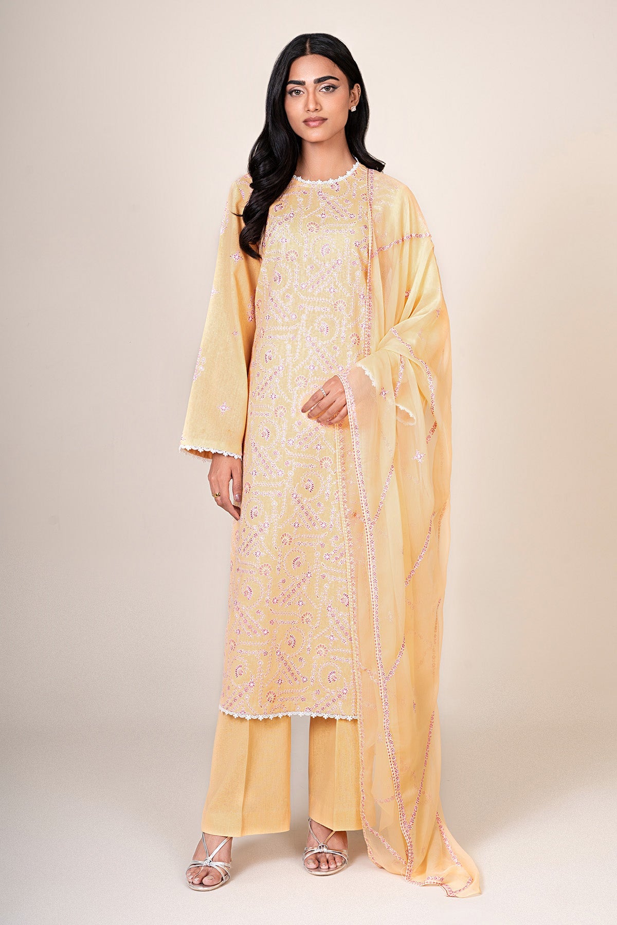 3 Piece - Unstitched - Embroidered Cotton Karandi Suit - E1851