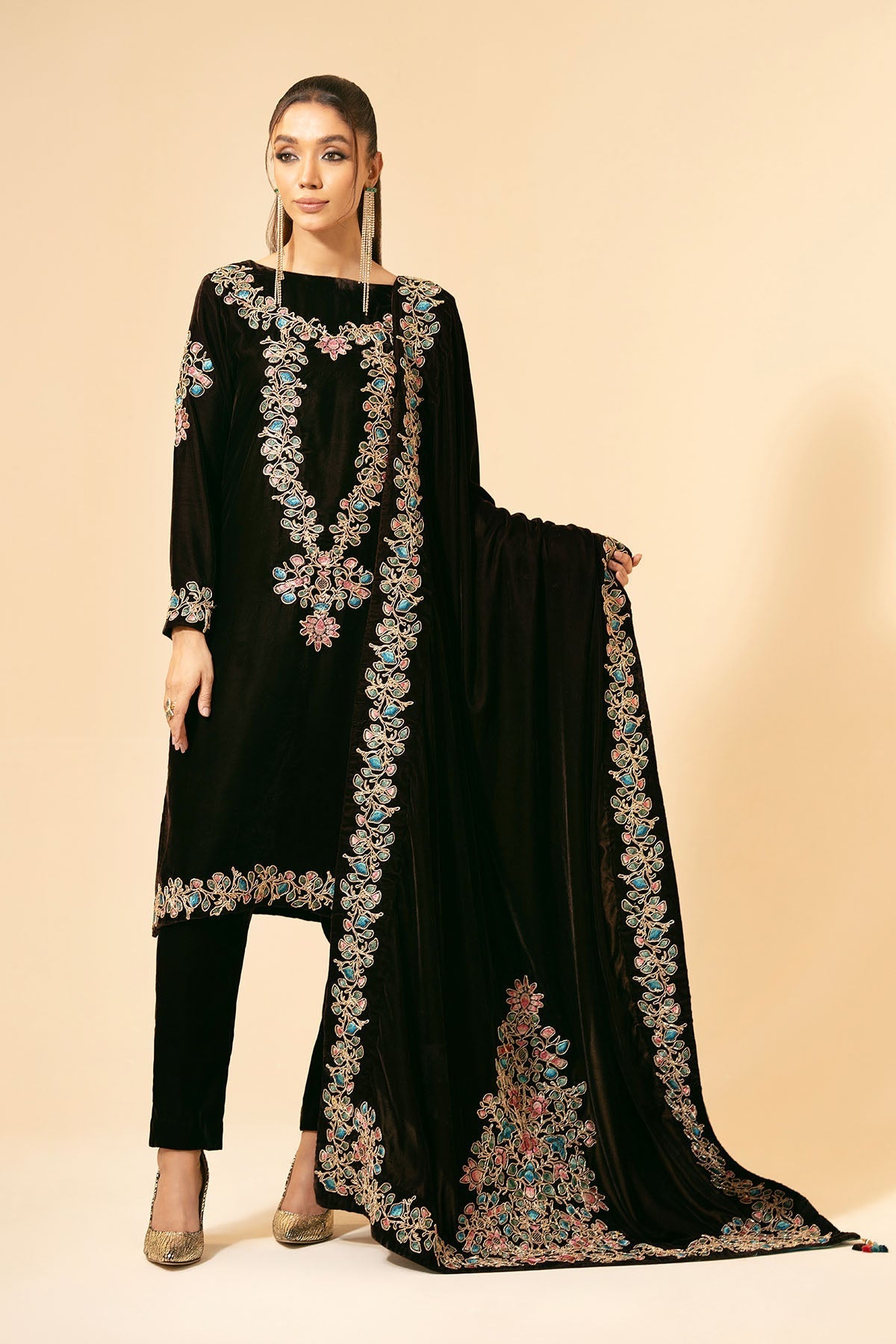 3 Piece - Unstitched - Embroidered Velvet Suit - E1473