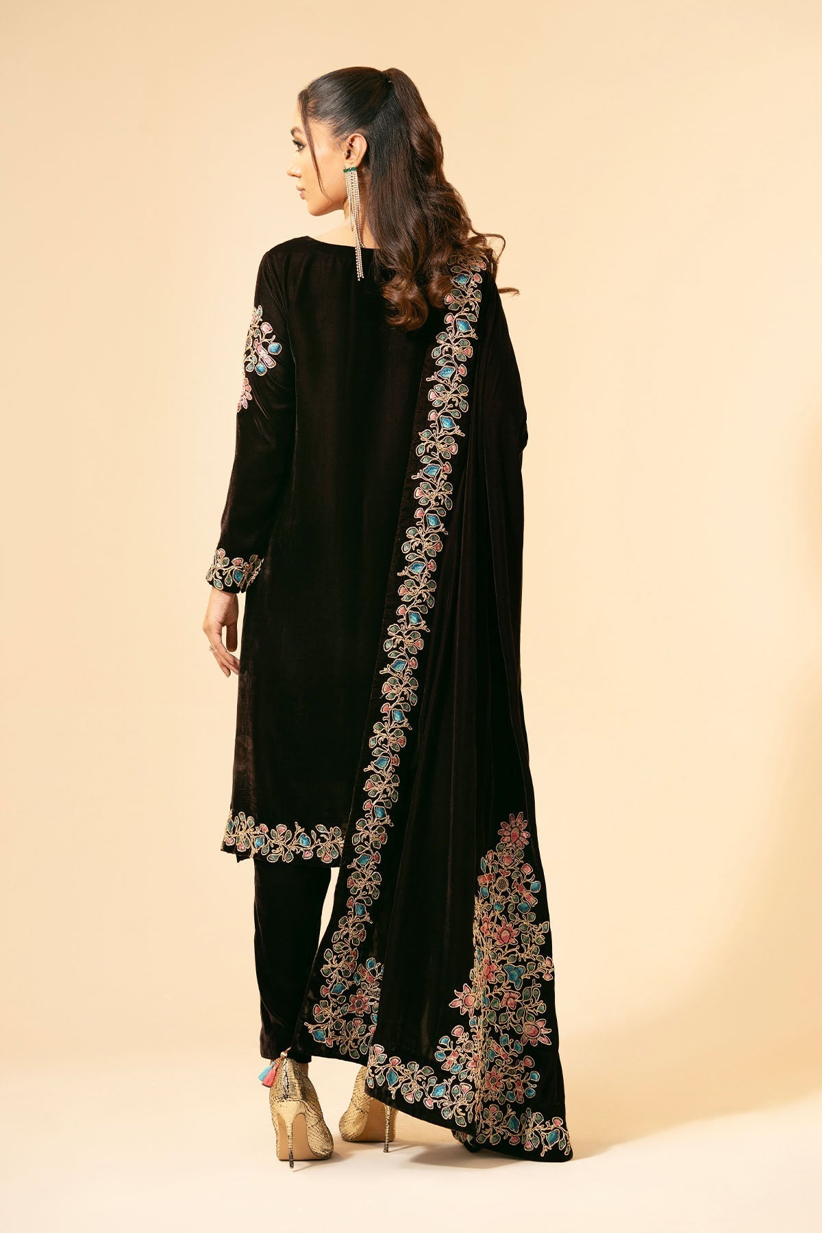 3 Piece - Unstitched - Embroidered Velvet Suit - E1473