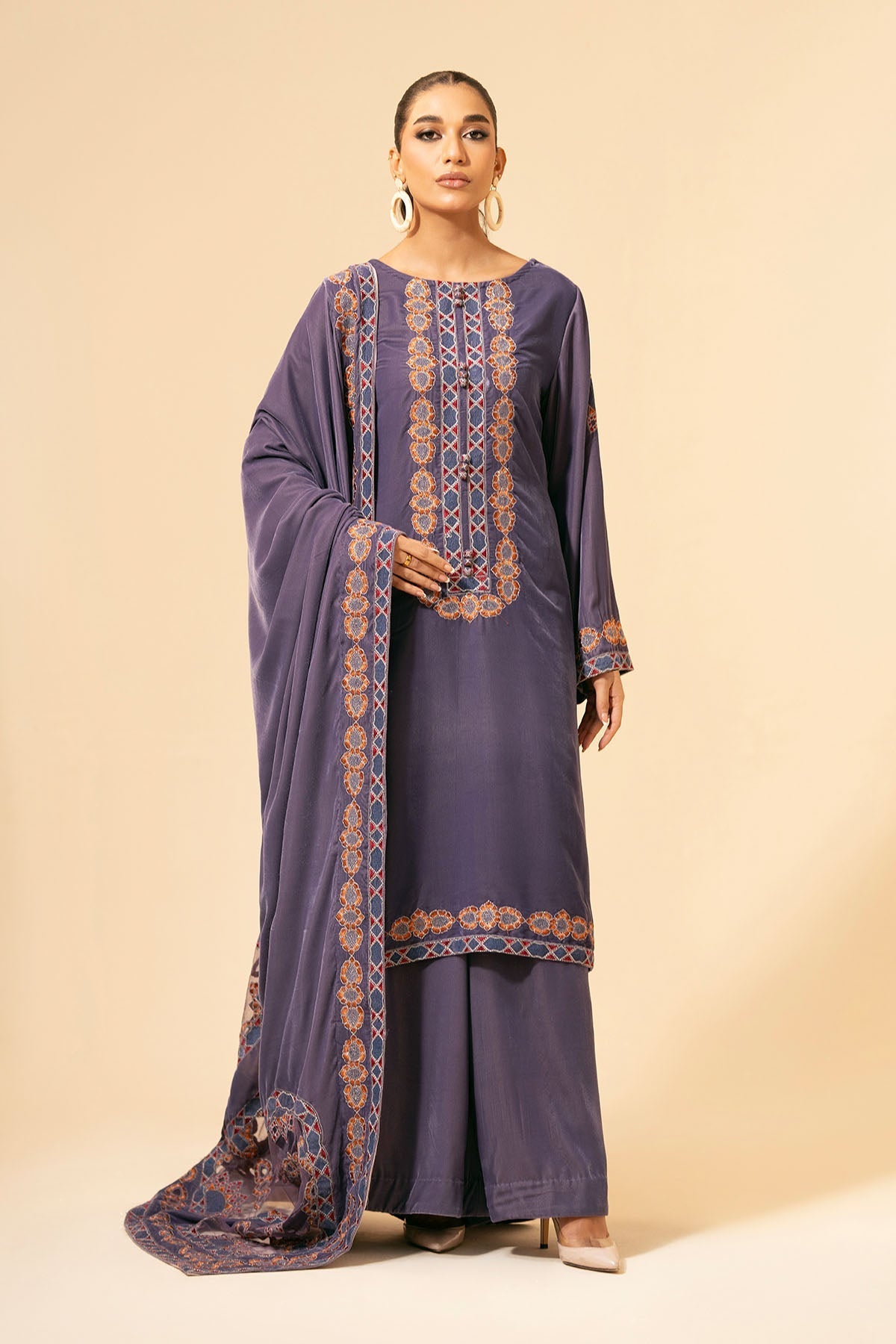 3 Piece - Unstitched - Embroidered Velvet Suit - E1474